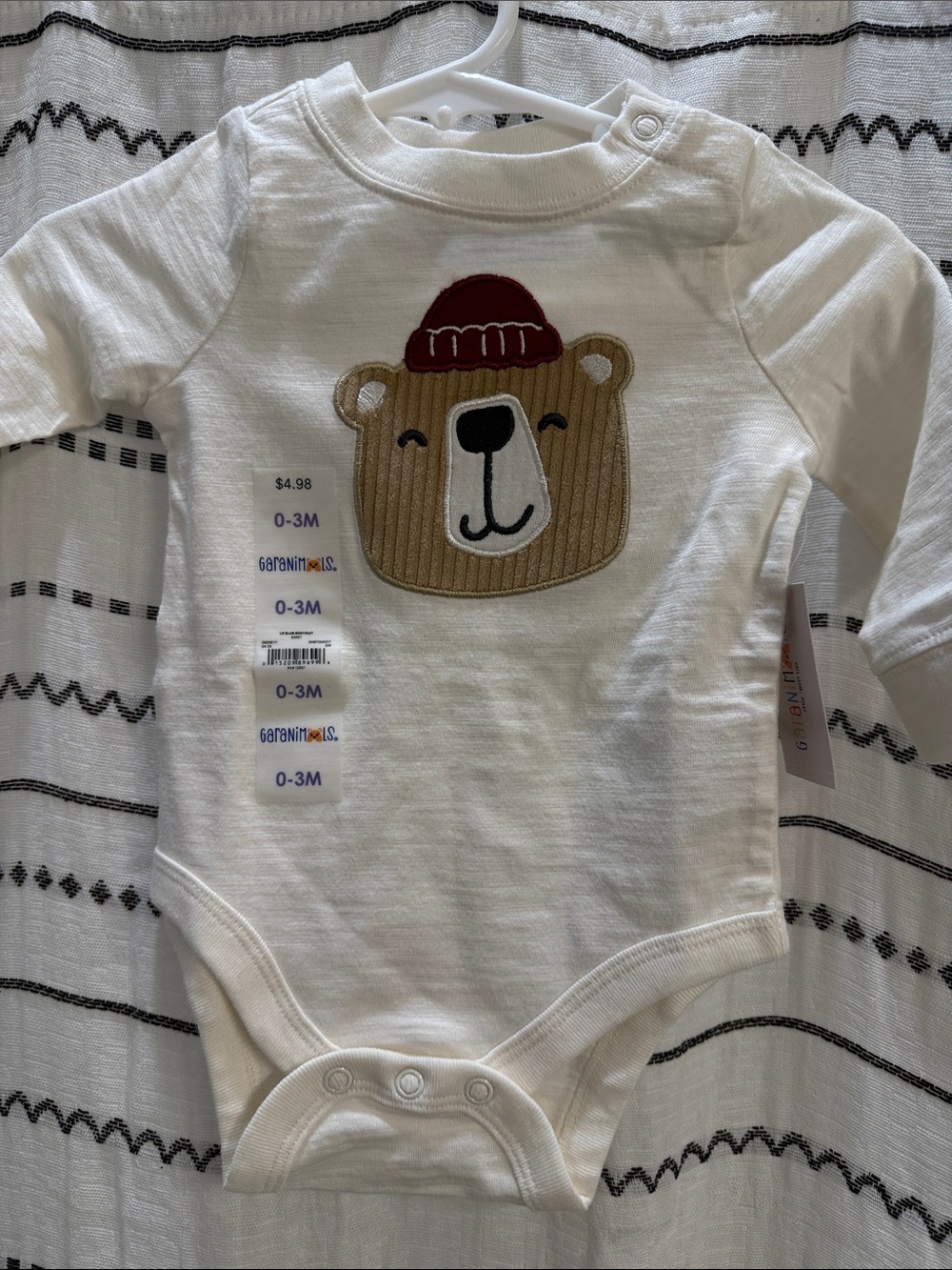 White Baby One-Piece Bodysuit with Bear Patch - 0-3M